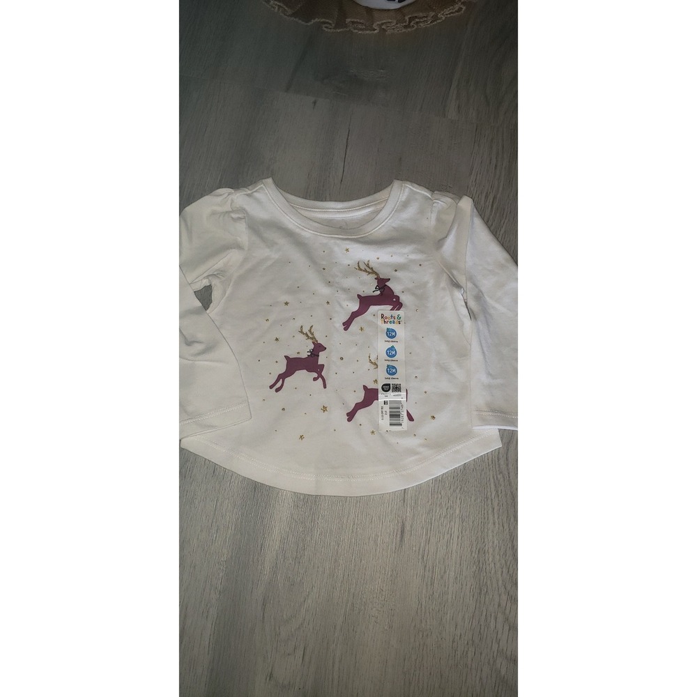 Roots & Threads Baby Girl 12M Reindeer Long Sleeve Tee White Gold Glitter Star